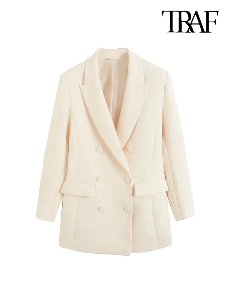 

TRAF Women Fashion Double Breasted Blazer Coat Vintage Long Sleeves Flap Pockets Female Outerwear Chic Vestes Femmes