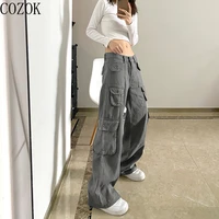 retro hip hop loose multi pocket jeans womens figure flattering belt tooling style wide leg pants streetwear women