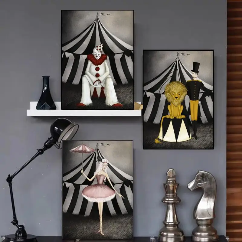 

Gothic Decorative Painting Circus Ballerina Clown Magician Lion Tamer Cartoon Wall Art Canvas Poster Living Room Bedroom Decor