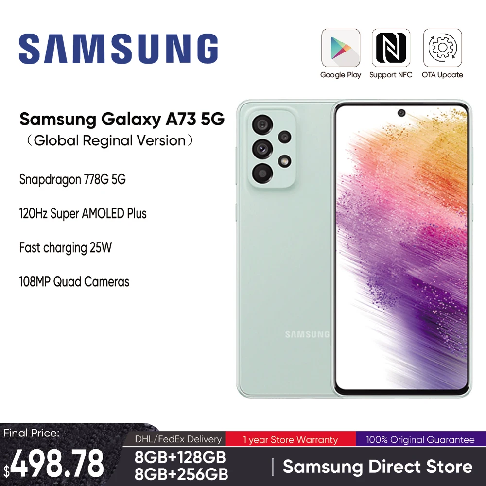 Enlarge Samsung Galaxy A73 A736BDS 5G Smartphone Snapdragon 778G 108MP Quad Cameras 120Hz Super AMOLED Plus 5000mAh Battery Cellphone