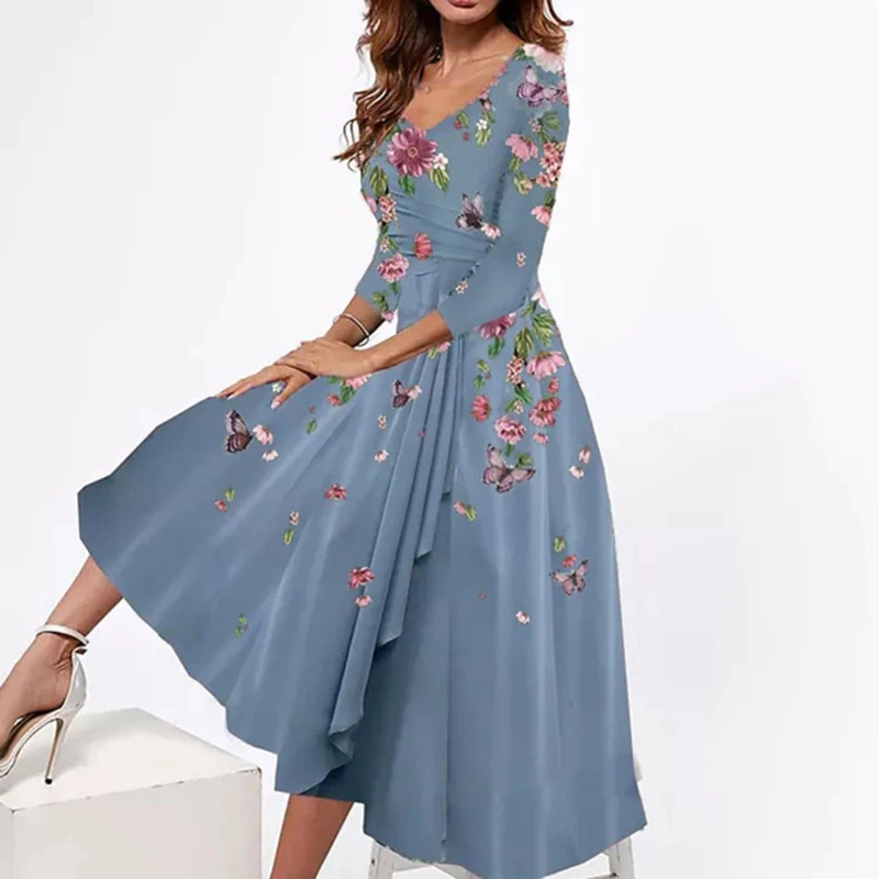 

Fashion Women Dresses Summer Casual Middle Sleeve Floral Print Sexy Deep V-neck Woman Party Loose Long Dress 2023