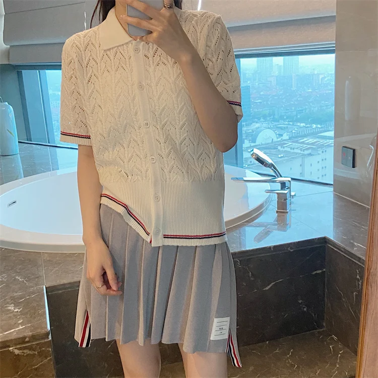

Summer TB age-reducing heavy industry hook flower hollow cable polo lapel short-sleeved ice linen knitted slim cardigan
