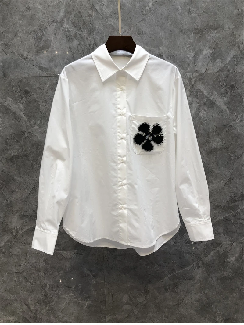 

Guesod Women Cotton Blouse Beading Flower Blouse Female Spring French Sweet All Match Elegant Top New