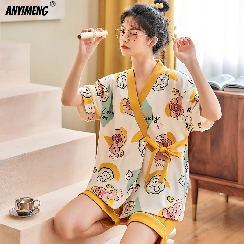 

2022 New Fashion Summer Pajamas for Teen Girls Kawaii Bear Printing Soft Cotton Kimono Sleepwear Bow Ornament Pijamas for Lady