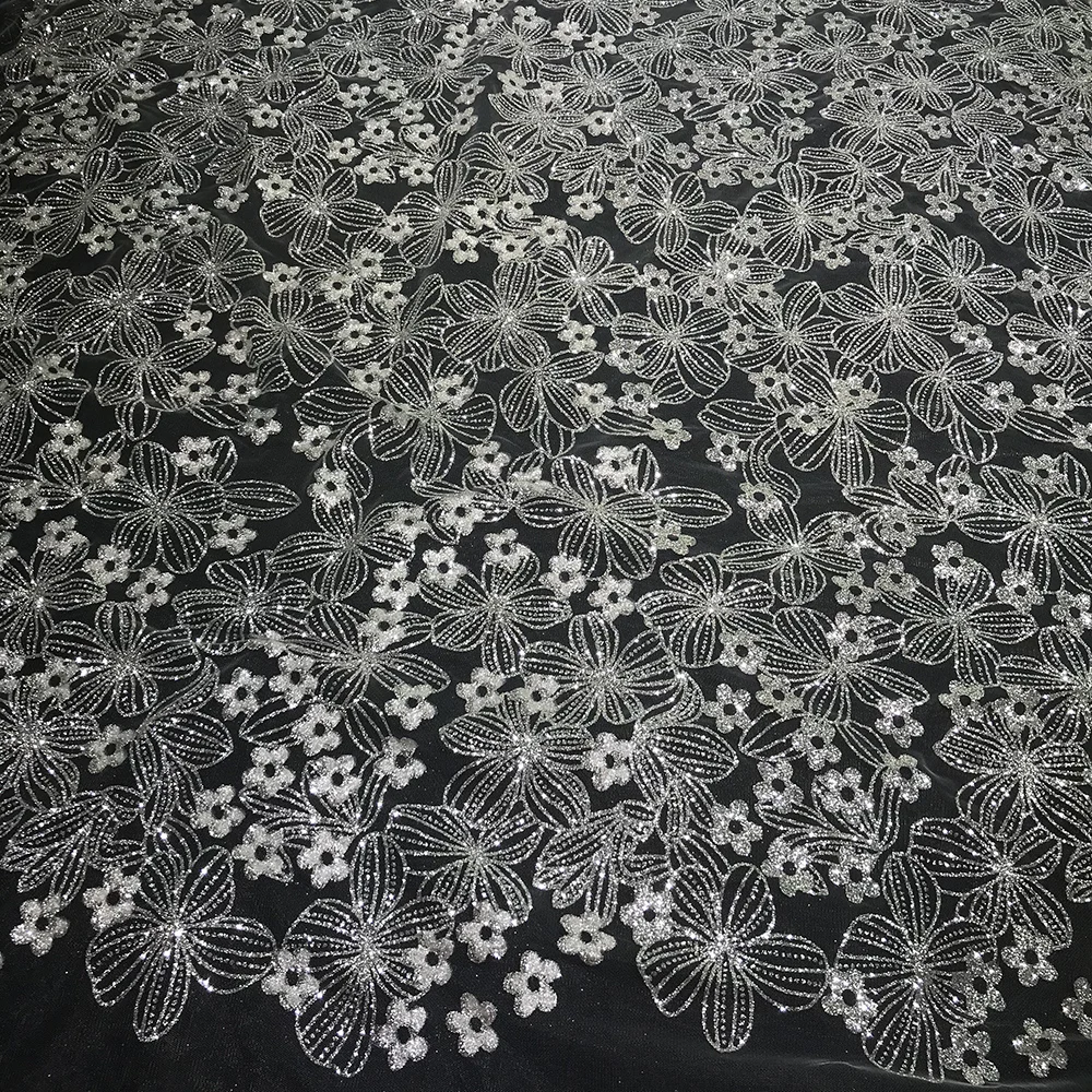 

White Flower Mesh Platinum Silver Glitter Tulle Transparent Beads Sparkle Bridal Wedding Dress Textiles for Sewing Evening Gown