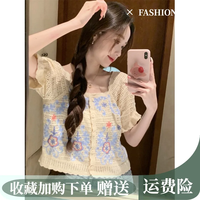 

Korean Design Sensory Knitwear Women's Summer New Hooked Flower Hollow Cardigan Spliced Bubble Sleeve Short Top