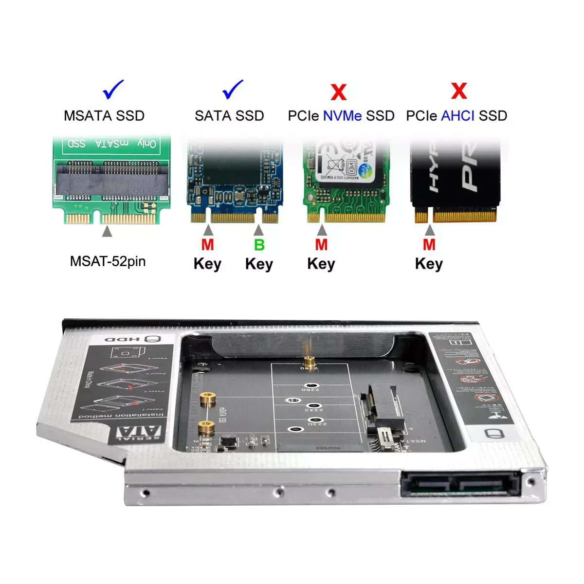 Jimier MSATA NGFF B/M-key SSD to Slimline SATA 13Pin Caddy Case for 9.5mm Universal Laptop CD / DVD-ROM Optical Bay