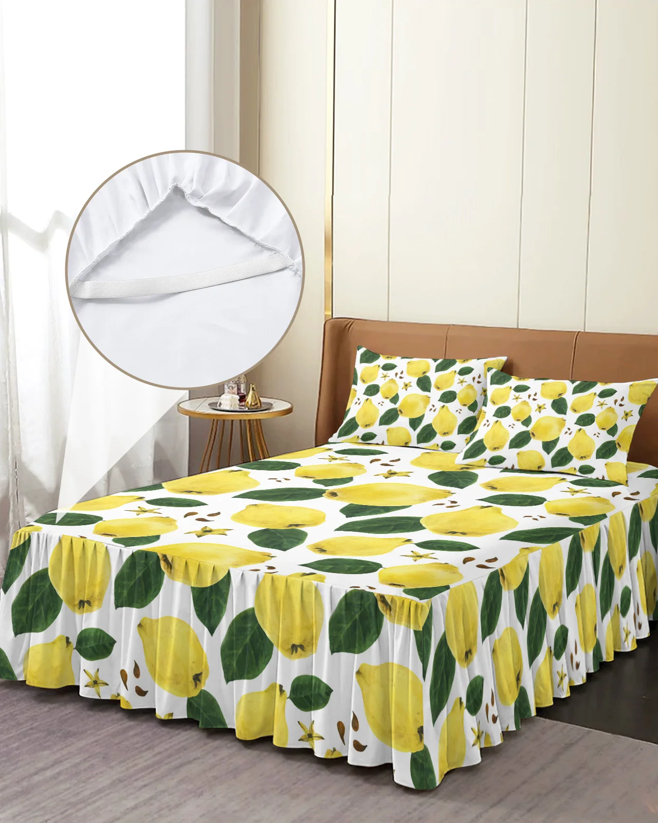 

Постельное белье желтое грушевое/зеленое с принтом листьев, эластичное покрывало с наволочками, наматрасник, Комплект постельного белья