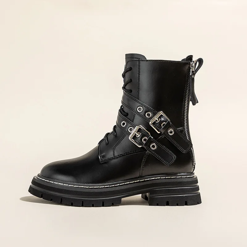 

2022 New Design Back Zipper Cross Belt Thick Bottom Short Boots Motorcycle Boots Womens Punk Platform Botas Shoes