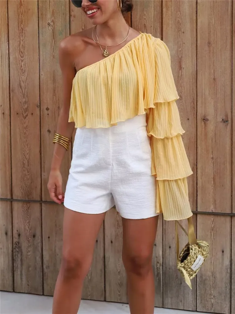 

TRAF Ruffle Asymmetrical Top Female One Shoulder Crop Top Women Yellow Pleated Chiffon Blouse Woman 2022 Streetwear Summer Tops