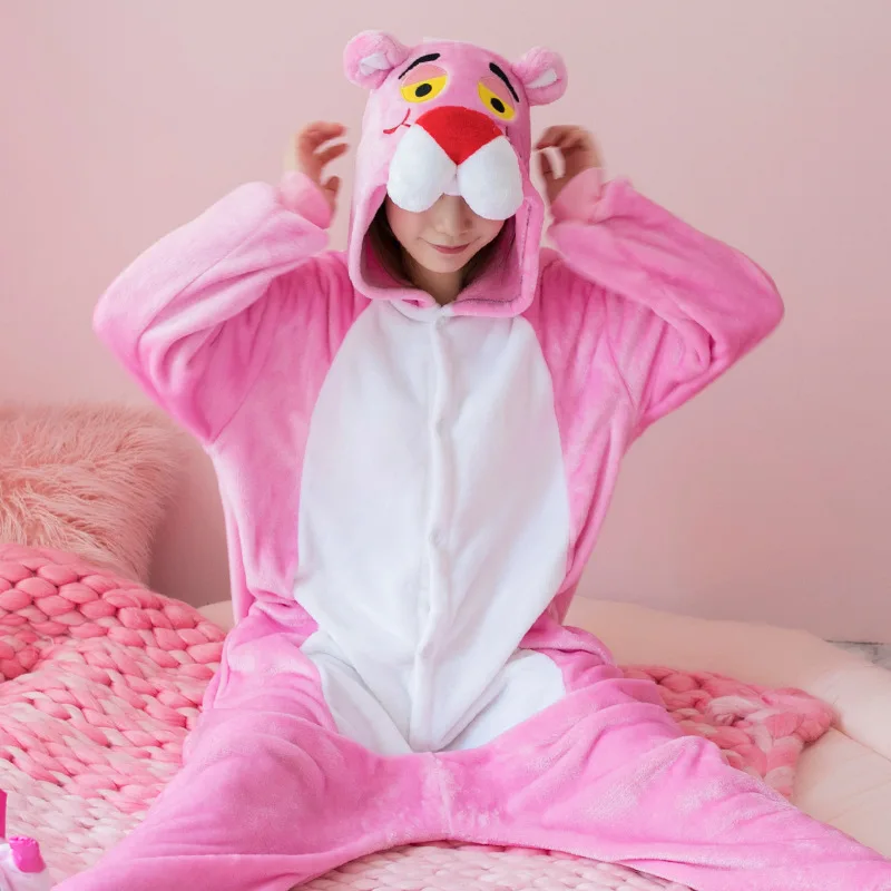 Kigurumi Long Sleeve Hooded Pink Panther Kawaii Onesie Women Flannel Onepiece Sleepwear Animal Pajamas Cartoon Party Costumes