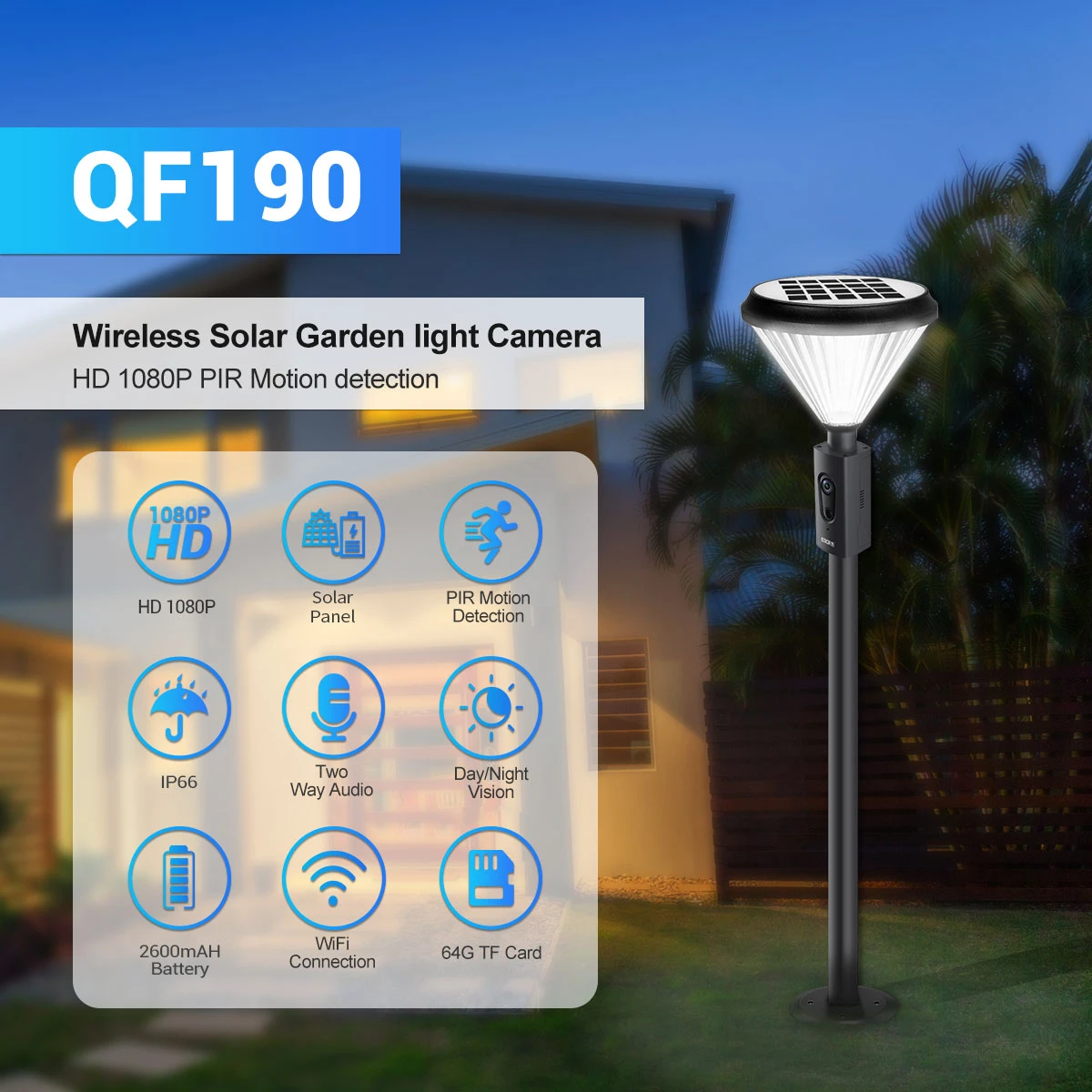 

QF190 Wireless 1080P Garden Lamp IP Camera PIR Human Body Detection Full Color Floodlight Home Security Street Monitor