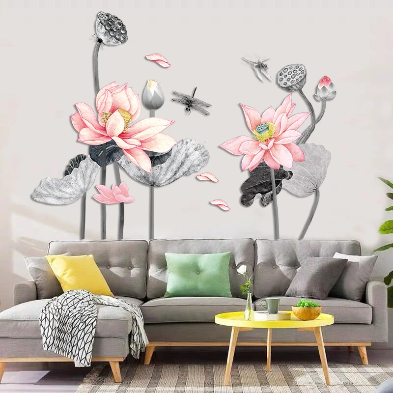 

Настенные наклейки в китайском стиле с изображением лотоса стрекозы, гостиной, телевизора, фона, обоев, наклейки для спальни, самоклеющиеся ...