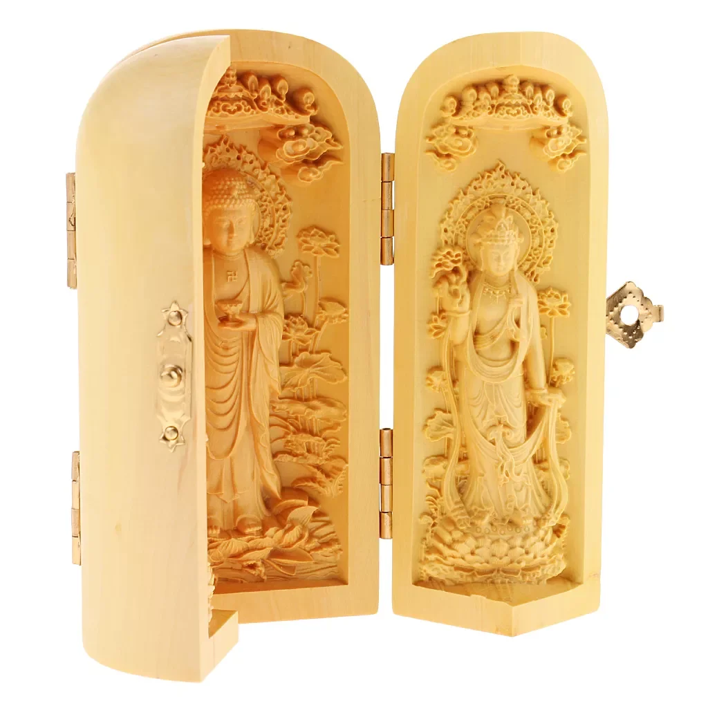 

Tibet Buddhism Boxwood Kwan-yin Shakyamuni GuanYin 3 God Buddha Statue Box Collection; Decoration; Ornament
