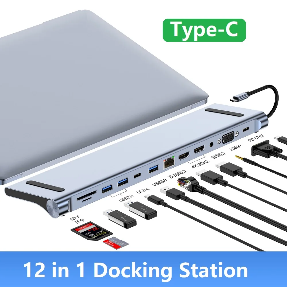 

Док-станция USB Type-C 12 в 1 с 2 адаптерами HDMI VGA, USB 3,0 хаб PD, Зарядная база для MacBook, Dell, HP, Lenovo, Huawei, Xiaomi