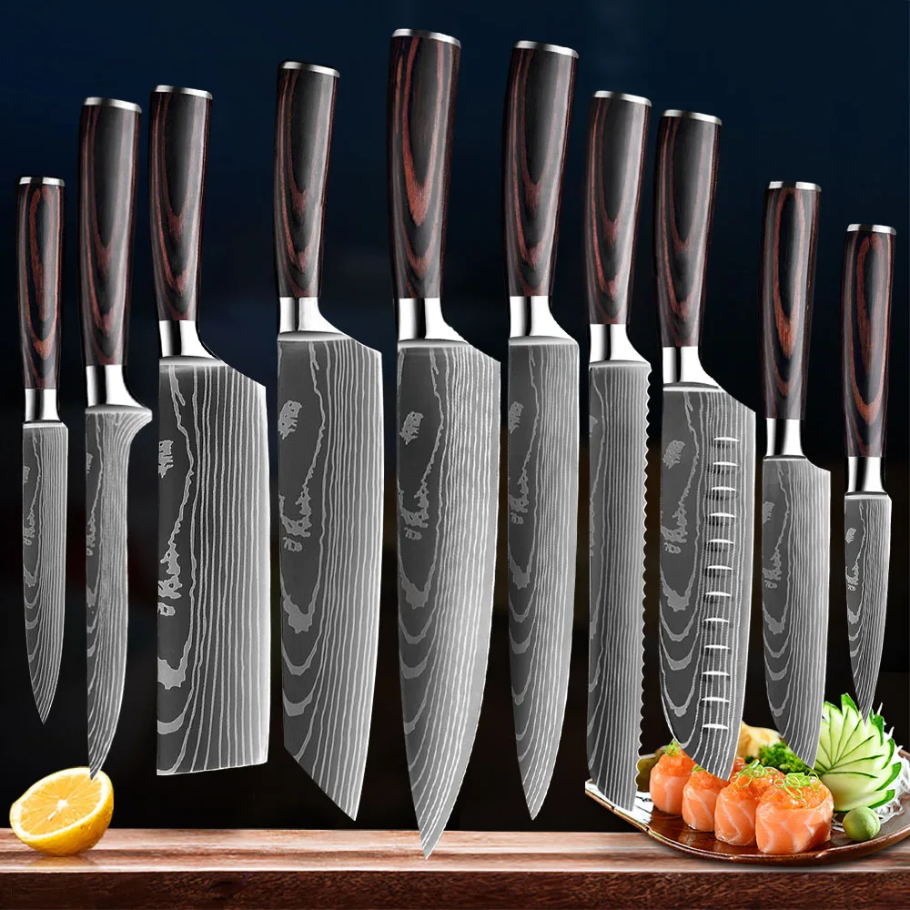 

Stainless Steel Kitchen Knives Chef Knife Set Laser Damascus Pattern Sharp Japanese Santoku Knife Cleaver Slicing Boning Knife