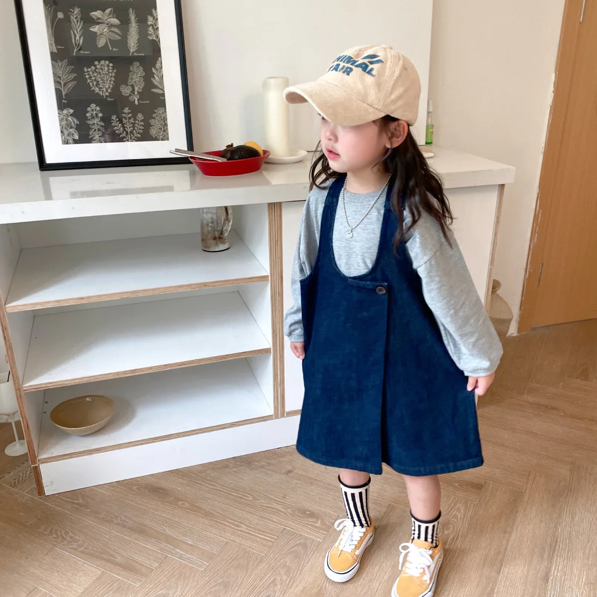 

Children Clothes Girls Dark Blue Jean Skirt 2022 Spring Autumn New Korea Loose Fashion Casual KneeLength Suspenders Dress Girls