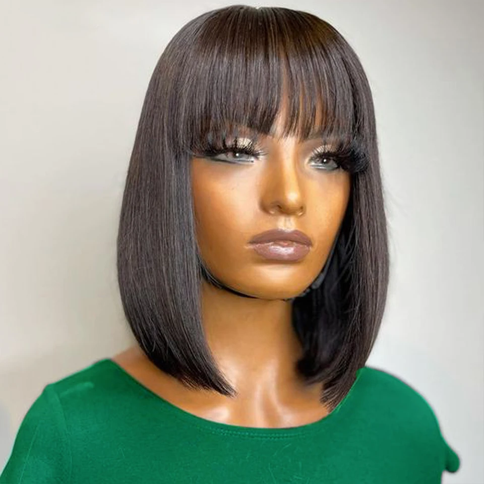 

180 плотность, Боб, человеческие волосы, парики, короткие прямые парики для женщин, бразильские полноразмерные парики машинной работы с челко...