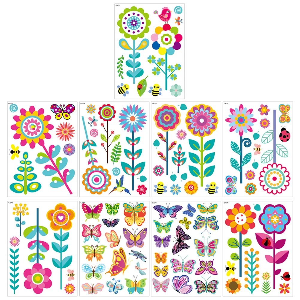

9 Sheets Window Decor Clings Decorative Decals Kids Room Garden Flowers Green Leaves Static Sticker Floral Butterfly