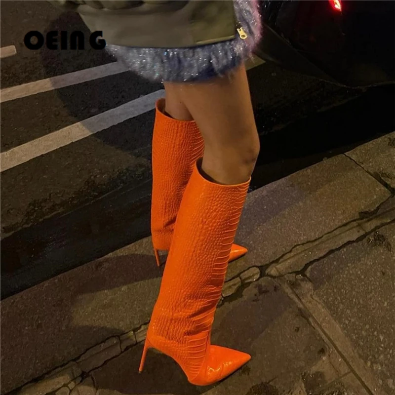 

Женские сапоги до колена из кожи крокодила с принтом, привлекательные туфли на шпильке с острым носком, женские праздничные сапоги 2022