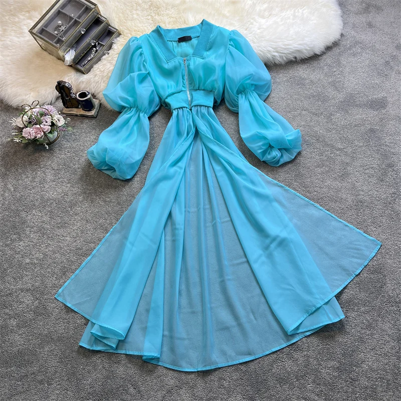 

Летние Элегантные женские винтажные сетчатые платья, однотонные пляжные праздничные Длинные Стильные платья с пышными рукавами для женщин