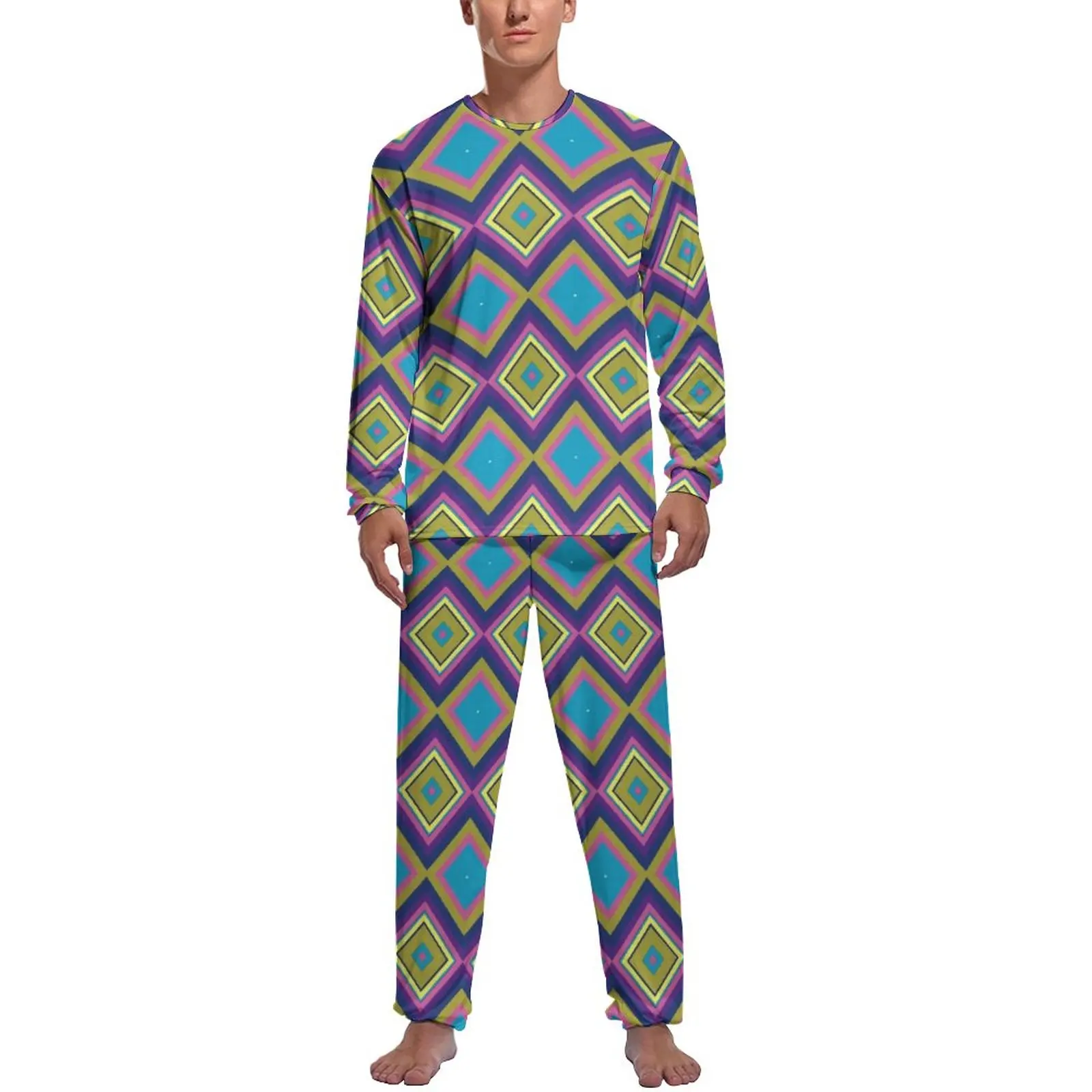 Bohemian Diamond Print Pajamas Long Sleeve Colorful Geometric 2 Pieces Room Pajamas Set Winter Male Graphic Romantic Sleepwear