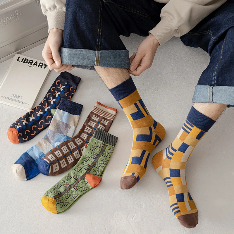 

Autumn Winter New Socks Men's Checkered Color Matching Middle Tube Socks Men's Personality Trendy Jacquard Socks