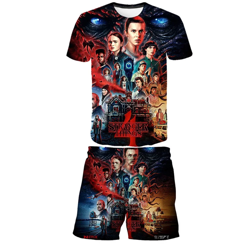 

Sports Suit For Boys 2pcs Set Children's Stranger Things Season 4 3D T-Shirts + Short Pants Suit Boys Kids Sportswear Clothing