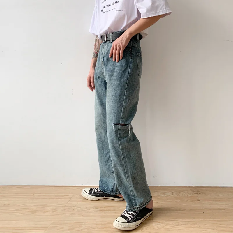 Men's Solid Color Simple Straight Loose Jeans Ripped Hole Design Casual Trousers Y2k Pants Men's Street Men's Clothing Men Jeans