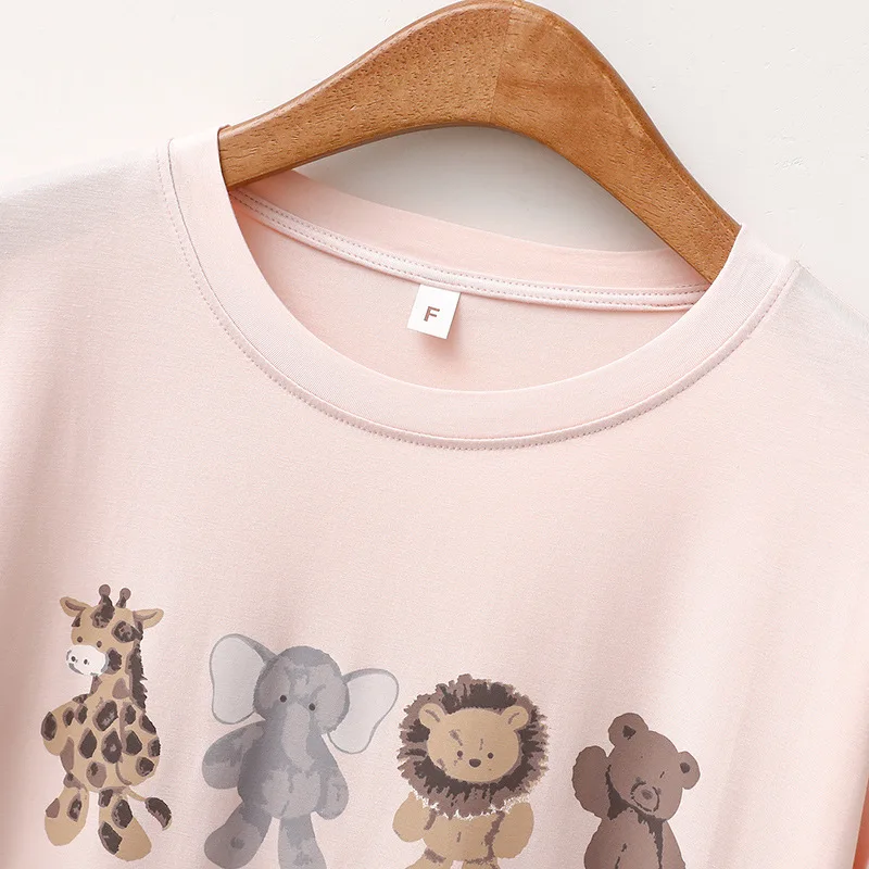 Pajamas for Women's Summer Thin Cartoon Animal Short-sleeved Shorts Casual and Comfortable Round Neck Loose Home Service Suit