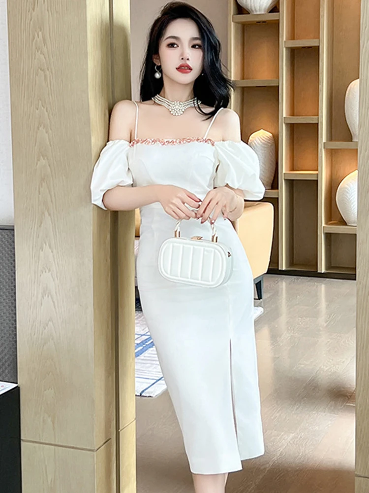 Женское атласное платье с открытыми плечами элегантное в Корейском стиле для