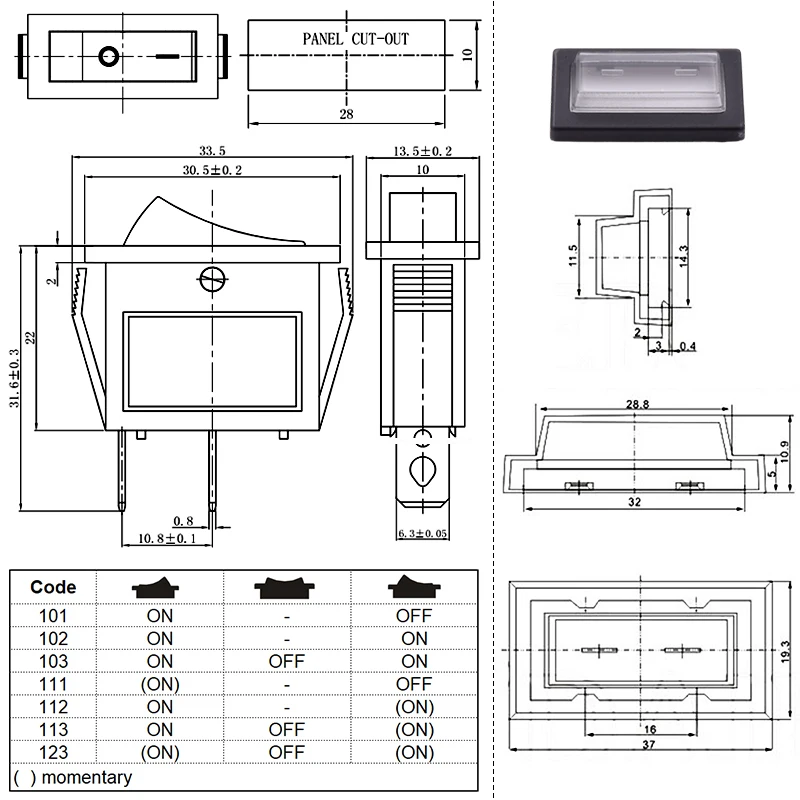 10pcs/lot 15A/250VAC KCD3 Rocker Switch ON OFF/ON-ON/ON-OFF-ON SPST Red Green Blue Yellow Light Black Rorcker Toggle - купить по