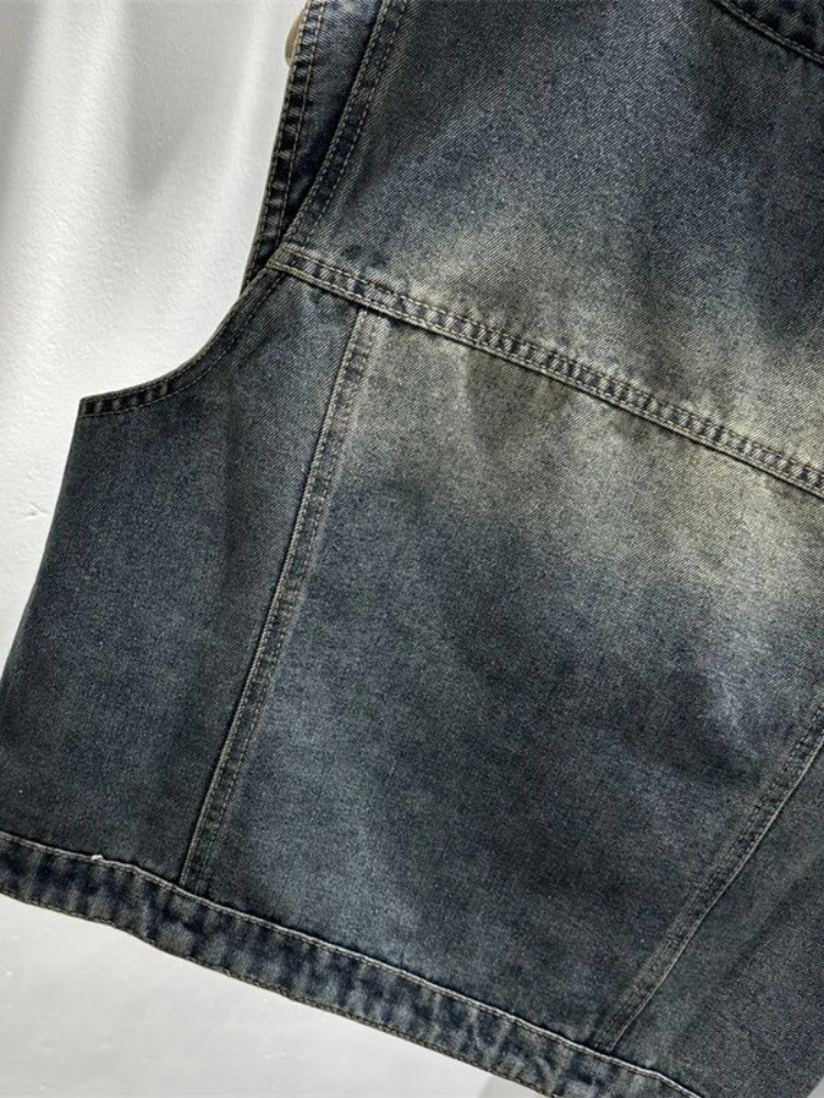 Модный винтажный джинсовый жилет с круглым вырезом без рукавов карманами в стиле