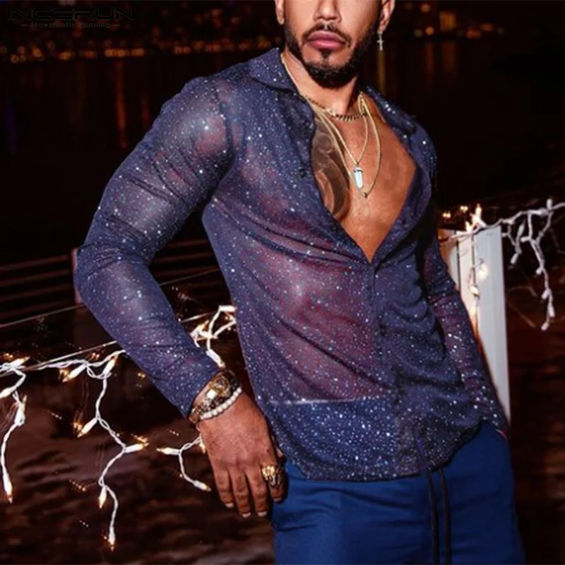 Мужская блестящая рубашка с отложным воротником и длинным рукавом модель 2024 года