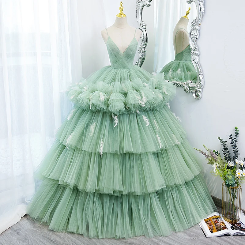 

Evening Dress Green Tulle Deep V-neck Backless Pleat Ruched Ruffles Tiered Floor Length Train Plus size Lady Party Dresses B2378