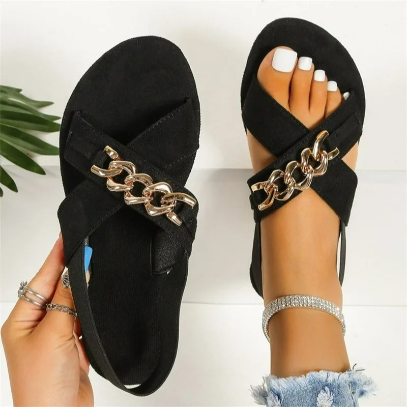 Ladies Fashion Metal Chain Sandals 2023 Summer Solid Color Suede Slip on Flat Bottom Sandals Casual Holiday Beach Women Shoes