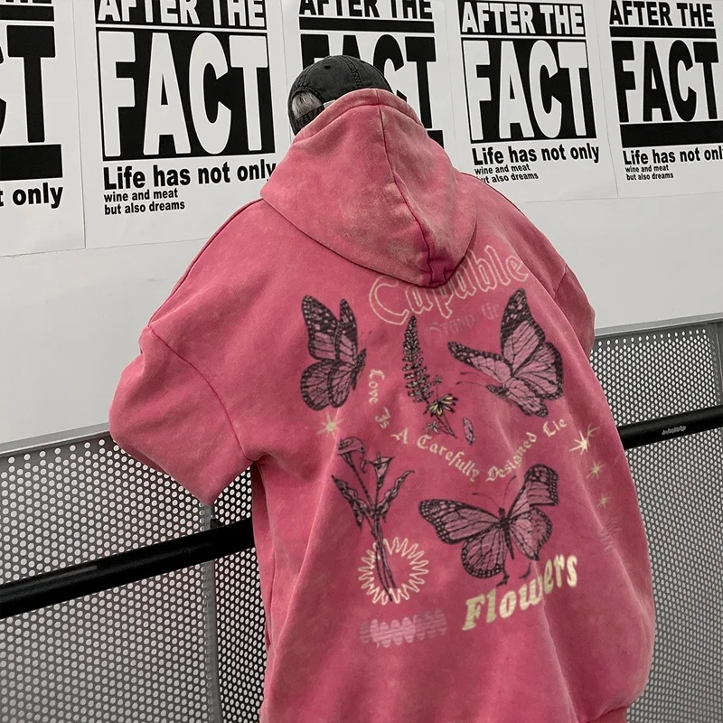 

Hybskr Vintage Distressed Mens Hoodies Fashion Brand Loose Harajuku Pullovers Butterfly Hip Hop Y2K Male Sweatshirts Streetwear
