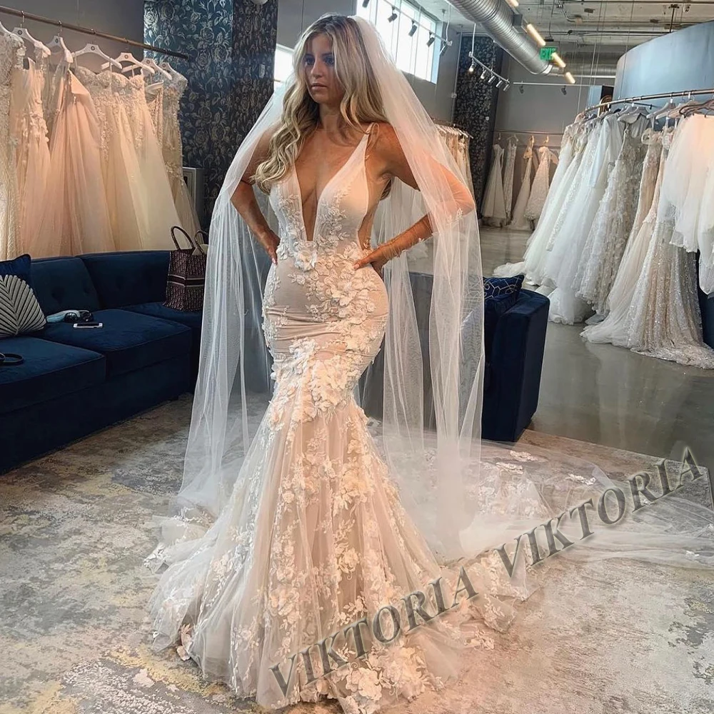 

VIKTORIA Luxury Mermaid Wedding Dresses For Woman Bride 2023 Backless Sleeveless 3D Appliques Robe De Mariée Drop Shipping