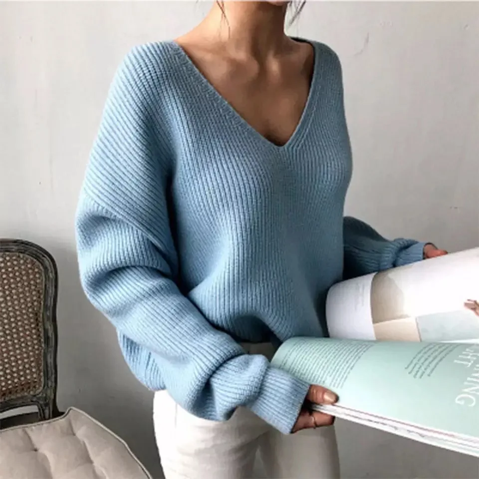 

Women Sweaters V-Neck Solid Pullovers Knitted Tops Long Sleeve Fleece Jumpers Soft Warm Casual Sweater Women 2021 Winter