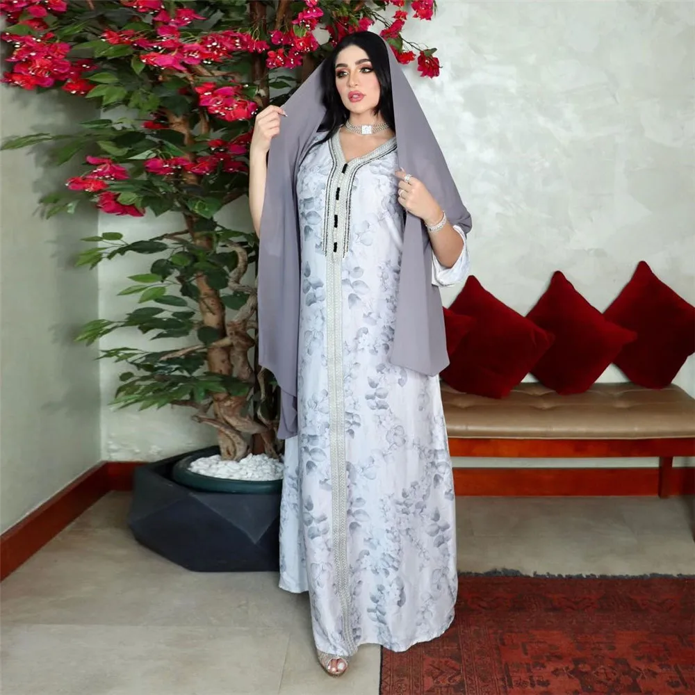 

2023 New Spring Floral Print Muslim Abaya Dress Women Modest Dubai Arabic Turkey Morocco Kaftan Islamic India Gown Robe Vestidos