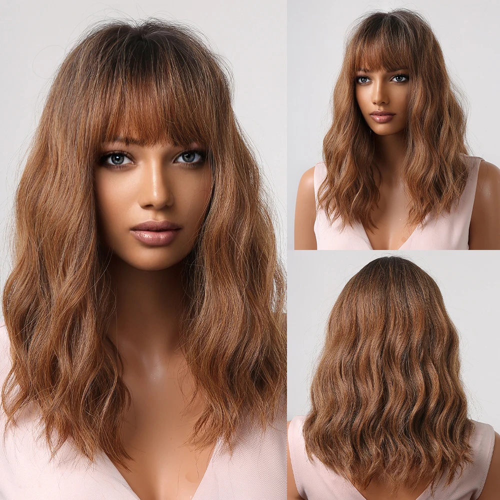 

Ombre Brown Medium Water Wave Synthetic Wig with Bangs for Black Women Natural Bob Lolita Wigs Cosplay Heat Resistant Fiber