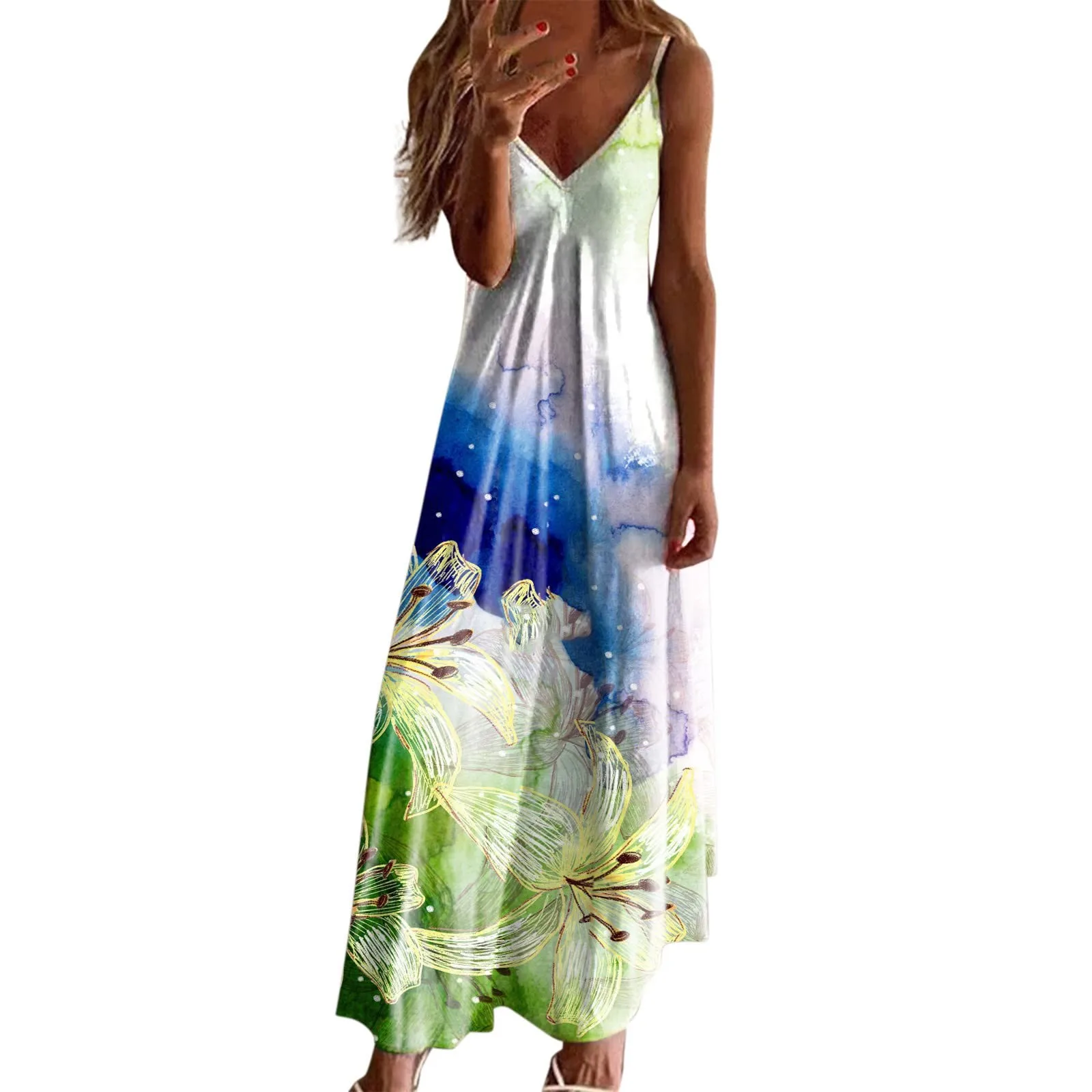 

Casual Fashion Women'S Sling Slim Fit Slim Long Sleeveless Floral Print Dress Summer One-Piece Dress Woman Clothing New Dresses