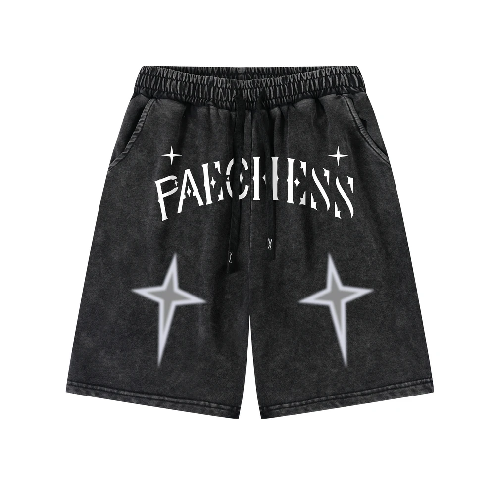 

Drawstring Washed Distressed Black Shorts for Men Plus Size Vintage Stars Letter Print Male Goth Clothes 2023