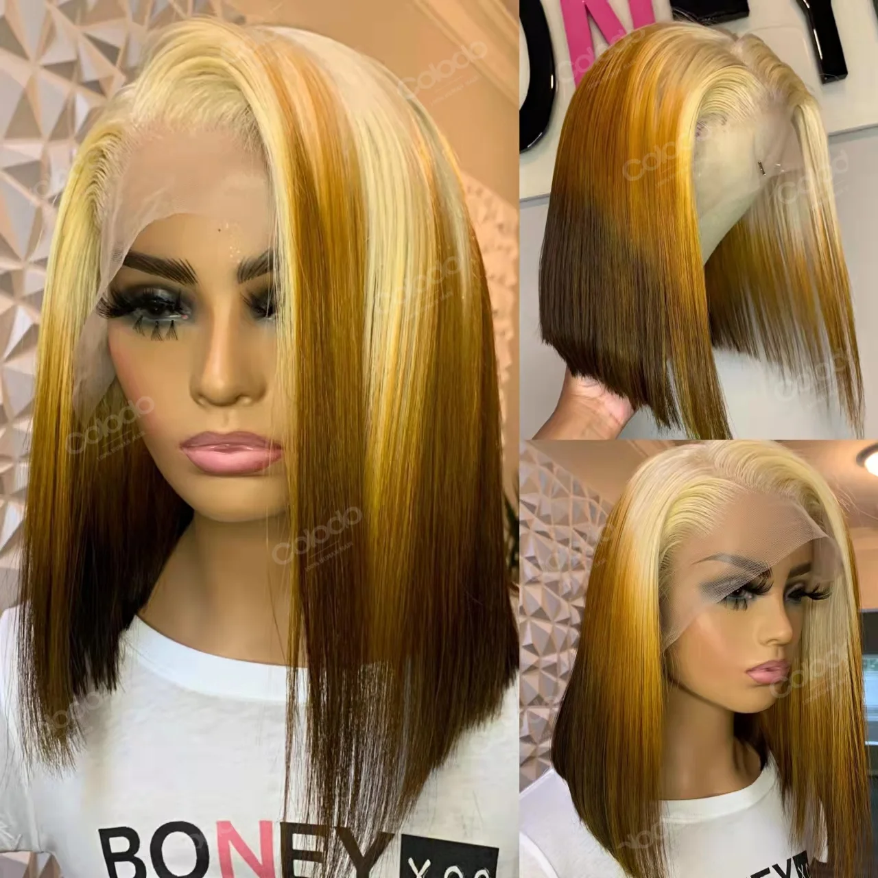 Short Bob Pixie Cut Straight Honey Blonde Ombre Color 13X4 HD Transparent Lace Front Human Hair Wigs For Black Women PrePlucked