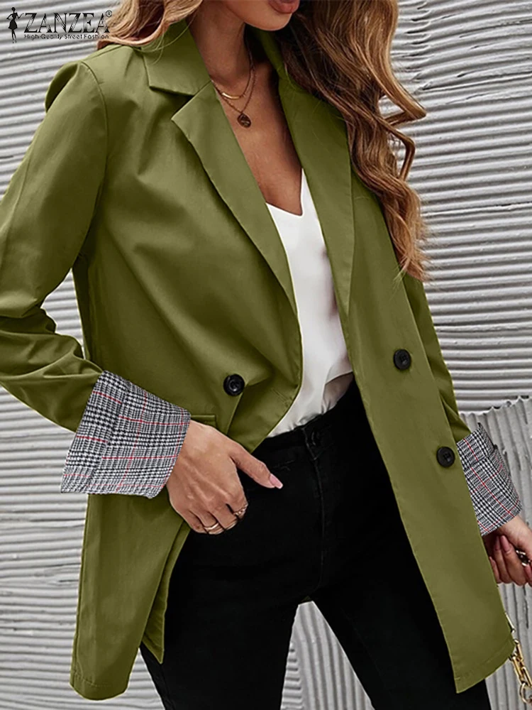 ZANZEA Women Plaid Cuffs Casual Blazer Autumn Suit Collar Long Sleeve Office Wear Long Suits Elegant 2023 Fashion Suit Coats