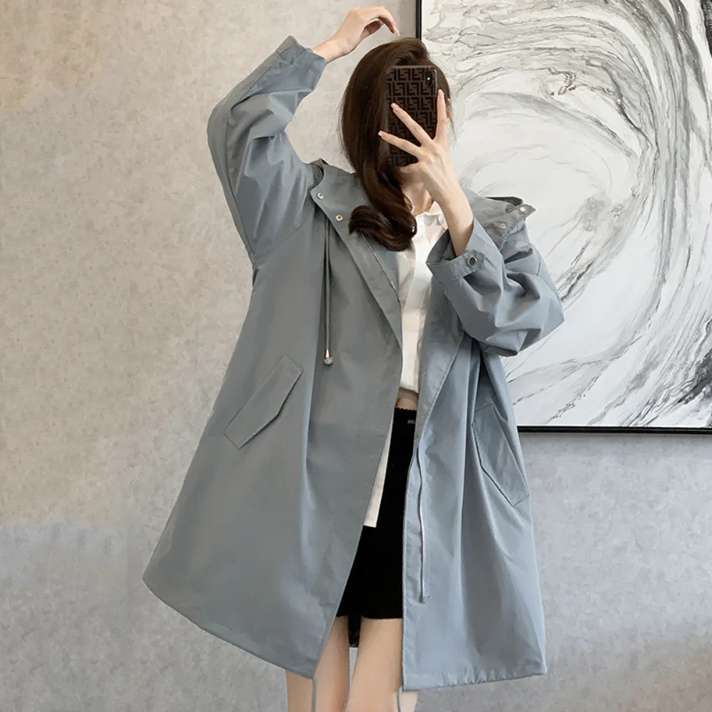 2022 New Autumn Hooded Loose and Thin Worker Trench Coat Female Personality Mid -length Casual Jacket
