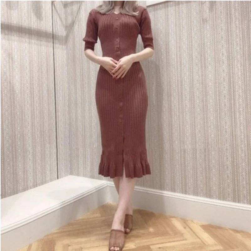 

Chic Button Slim Waist Knitted Maxi Dress Sexy V-neck Elegant Femme Vestidos Solid Fashion Bodycon Dresses For Women Robes Mujer
