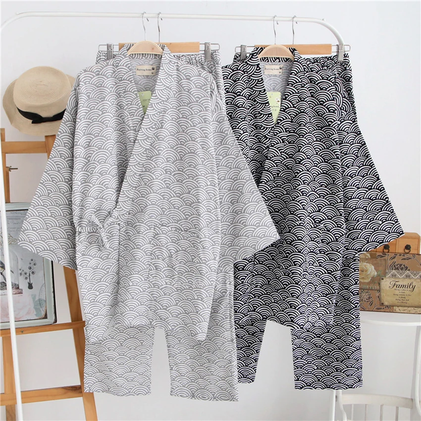

Japanese Wave Sets Sleepwear Pijama 2022 Samurai V-neck Style Trousers Haori Traditional Men Kiimoono Cotton Loose Pajamas Print