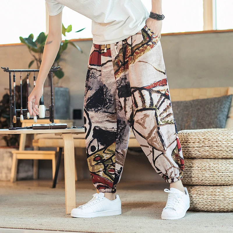 

Men Harem Pants Printed Vintage Streetwear Cotton 2023 Casual Trousers Men Baggy Joggers Drawstring Pants Plus Size 5XL