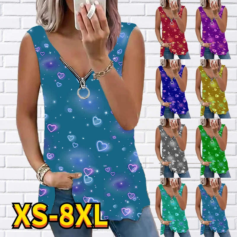 

2022 Women Summer tank tops Loose Zipper sleeveless V-neck print vest summer Sexy Streetwear Fashion plus size Basic pullover